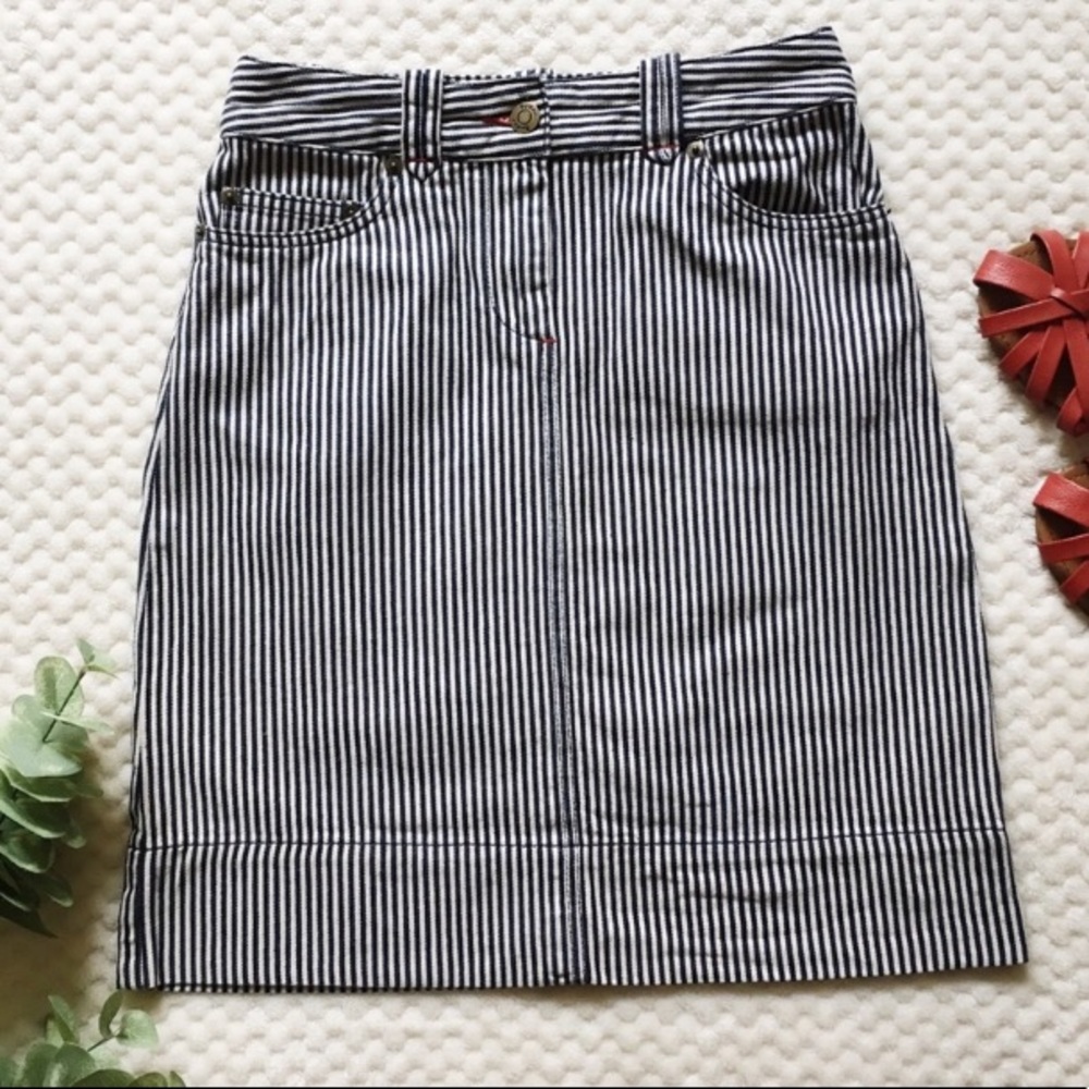 Boden Navy Blue and White Striped Denim Skirt